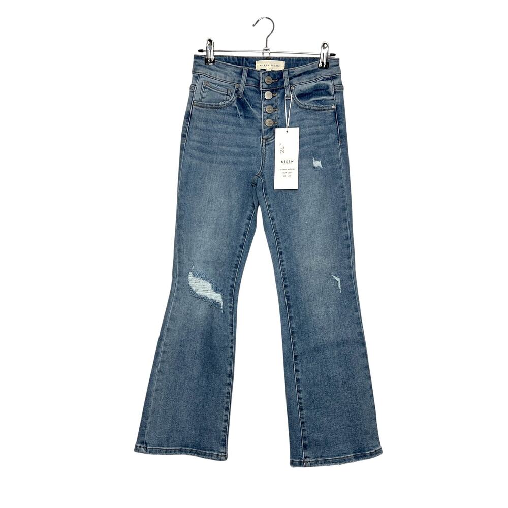 Risen Button Fly Cropped Flare Jeans Size 25 Distressed Light Wash Denim